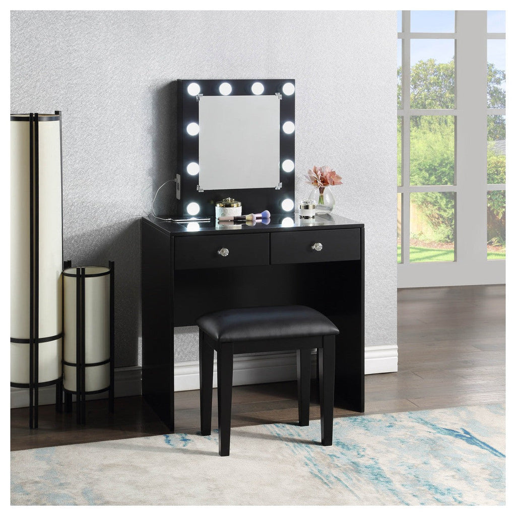 BLACK MAKEUP VANITY WITH 10 LIGHTS AND USB AND POWER OUTLET AND STOOL HM7878BK-15