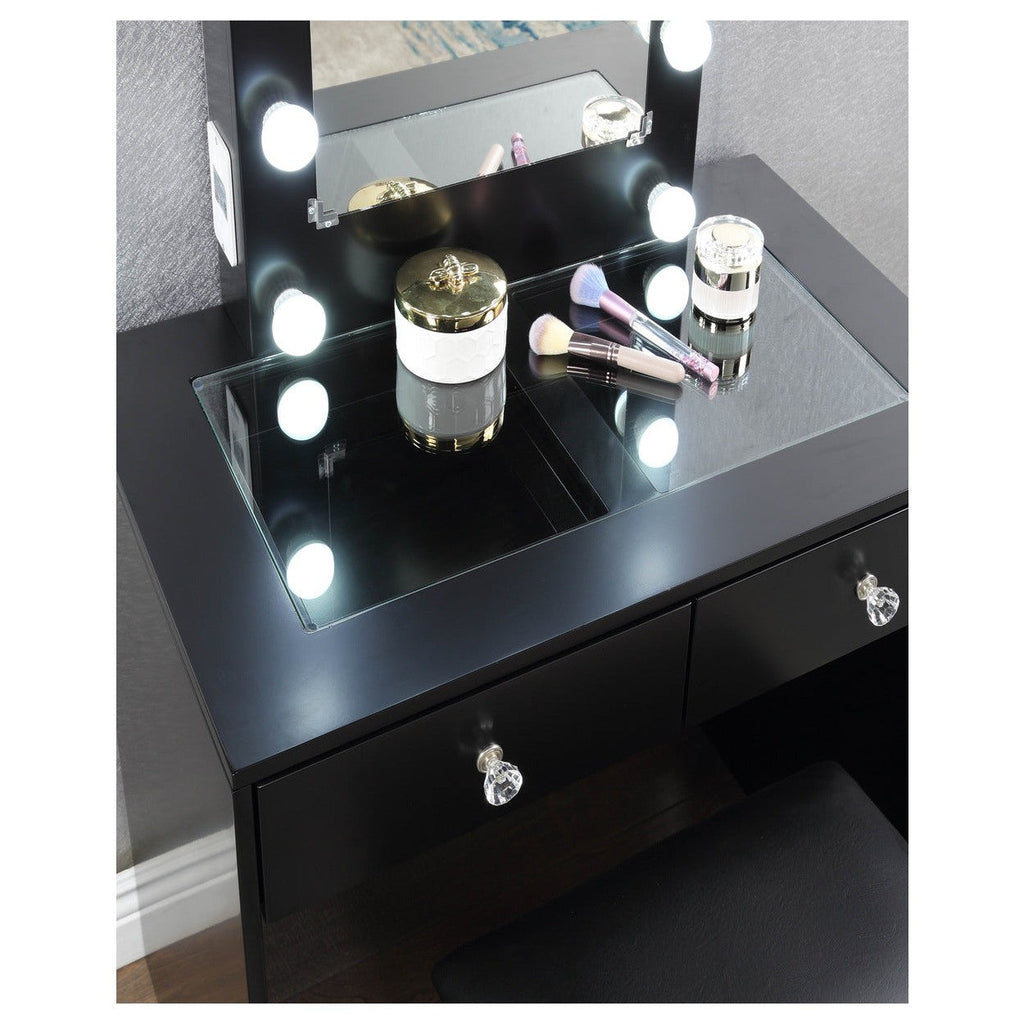 BLACK MAKEUP VANITY WITH 10 LIGHTS AND USB AND POWER OUTLET AND STOOL HM7878BK-15