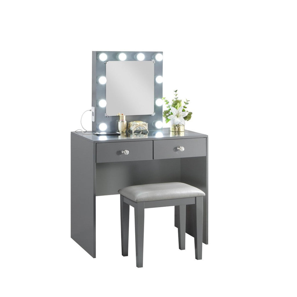 GREY MAKEUP VANITY WITH 10 LIGHTS AND USB AND POWER OUTLET AND STOOL HM7878GY-15