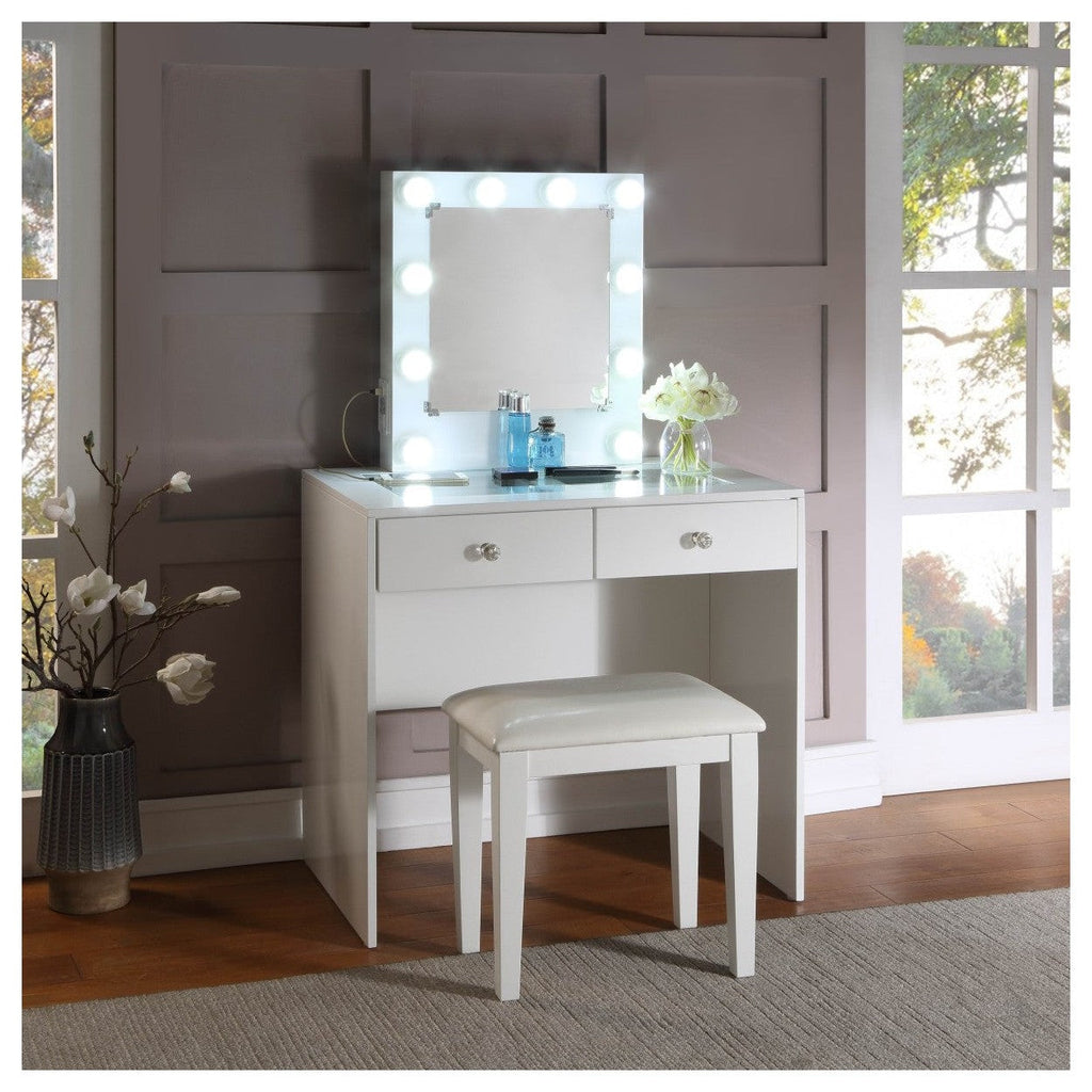 WHITE MAKEUP VANITY WITH 10 LIGHTS AND USB AND POWER OUTLET AND STOOL HM7878WH-15